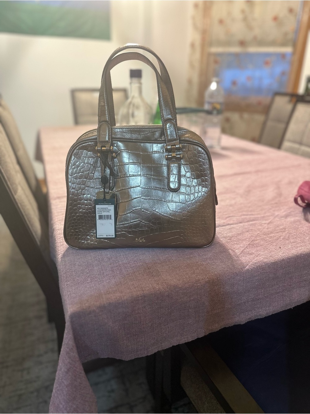 Lauren Ralph Lauren Metallic Bronze Croc-Embossed Satchel